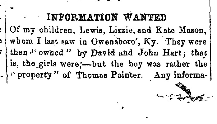 Catharine Mason searching for her children Lewis, Lizzie, and Kate Mason