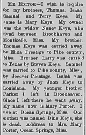 Mary Porter (formerly Mary Keys) is searching for her brothers Thomas, Isaac, Samuel, and Terry Keys