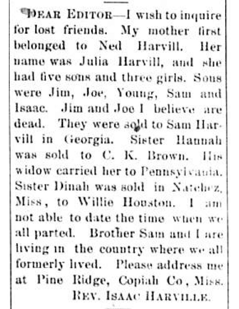 Reverend Isaac Harville searching for his mother Julia Harvill and his siblings