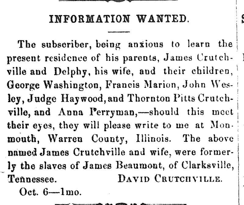 David Crutchville searching for his parents James and Delphy Crutchville and several siblings