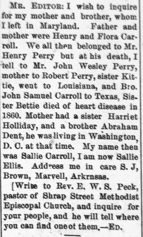 Sallie Ellis (formerly Sallie Carroll) searching for her mother Flora Carroll and brother John Samuel Carroll