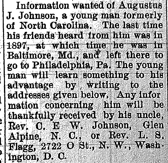 Rev. C. E. W. Johnson seeking information on his nephew Augustus J. Johnson