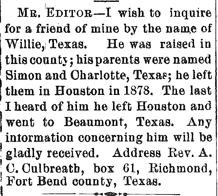 Rev. A. C. Culbreath searching for his friend Willie Texas