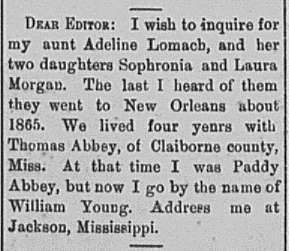 William Young (formerly Paddy Abbey) searching for his aunt Adeline Lomach and her daughters