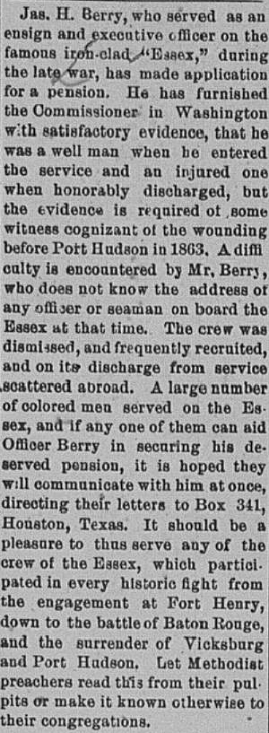 James H. Berry seeking officers or seamen from the iron-clad Essex