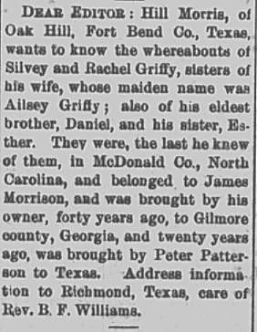 Hill Morris searching for the family of his wife Ailsey Morris (formerly Ailsey Griffy)