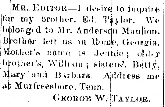 George W. Taylor searching for his brother Ed Taylor