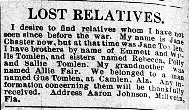 Jane Chaster (formerly Jane Tomlen) seeking information about her brothers Emmett and Willis Tomlen and sisters Rebecca, Polly, and Sallie Tomlen