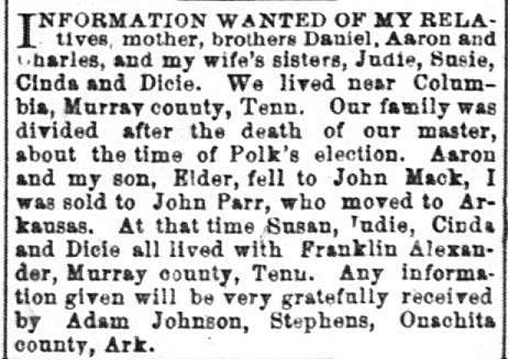 Adam Johnson searching for his mother; his son Elder; his brothers Aaron, Daniel and Charles; and his wife&#039;s sisters Judie, Susie, Cinda, and Dicie