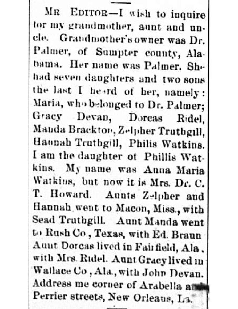 Mrs. Dr. C. T. Howard (formerly Anna Maria White) searching for her grandmother Palmer, aunts, and uncles