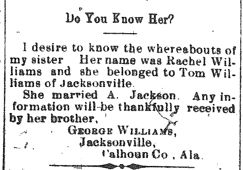 George Williams seeking the whereabouts of his sister Rachel Williams