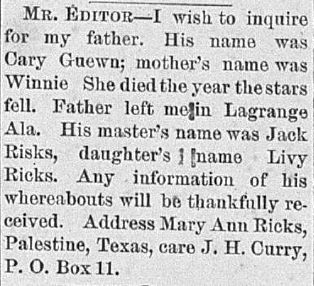 Mary Ann Ricks seeking her father Cary Guewn