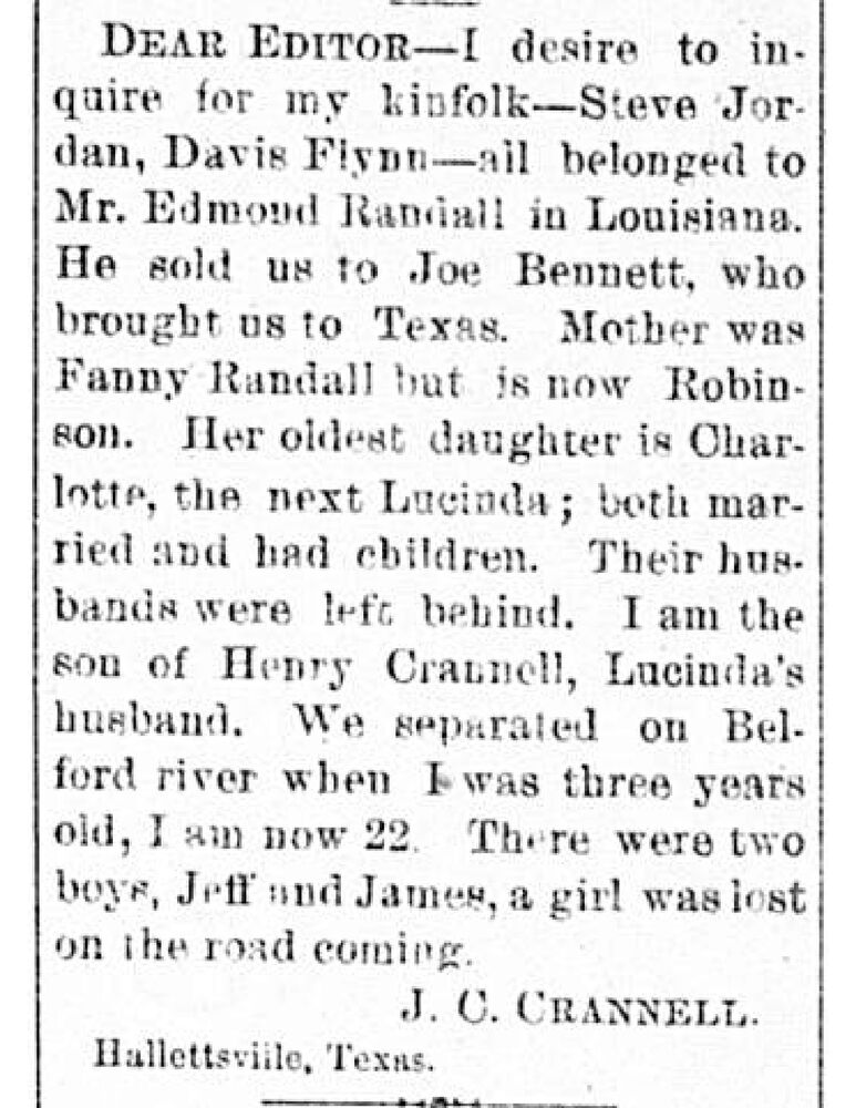 J. C. Crannell searching for Steve Jordan, David Flynn, Fanny Randall (formerly Fanny Robinson), Charlotte, and Lucinda