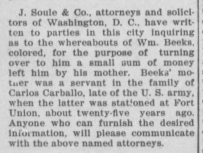 Washington, D. C. attorneys searching for Wm. Beeks in regards to an inheritance