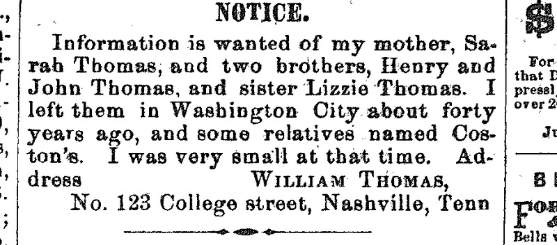 William Thomas seeking information about his mother Sarah Thomas and siblings Lizzie, Henry, and John Thomas