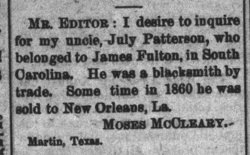 Moses McCleary seeking his uncle July Patterson