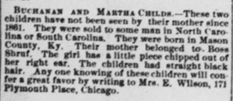 Mrs. E. Wilson searching for her children Buchanan and Martha Childs