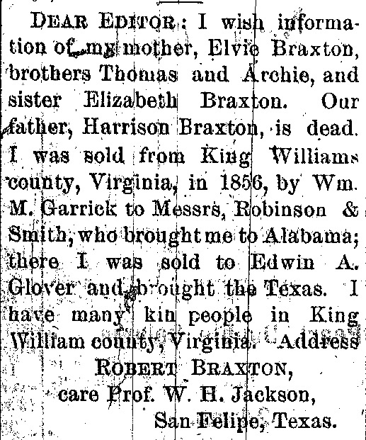 Robert Braxton looking for his mother Evie Braxton and siblings Thomas, Archie, and Elizabeth Braxton