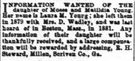 R. H. Steward seeking information about Laura M. Young on behalf of her parents Moses and Matilda Young