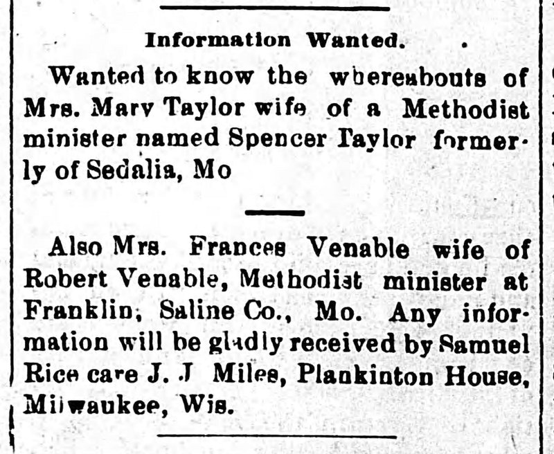 Samuel Rice, Milwaukee, WI, searching for wives of two MO Methodist ministers