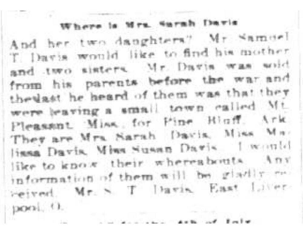 Samuel T. Davis searching for his mother, Sarah Davis, and two sisters, Melissa and Susan Davis