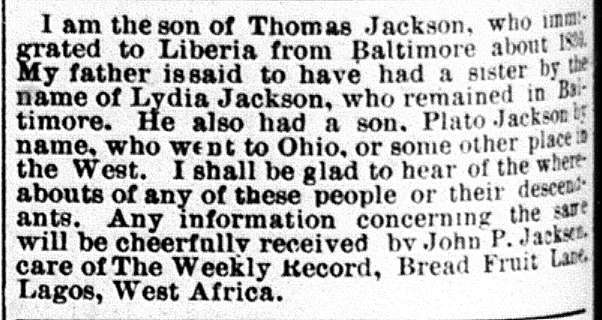 John P. Jackson searching for Lydia Jackson and brother Plato Jackson