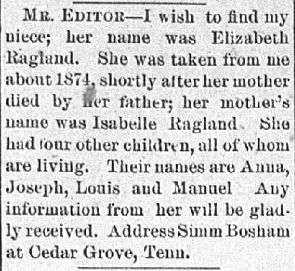 Simm Bosham seeking their niece Elizabeth Ragland