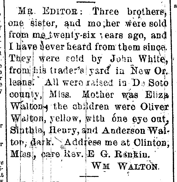 Wm. Walton searching for his mother Eliza White and siblings 