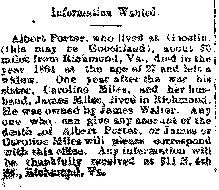 Unnamed person searching for confirmation of Albert Porter&#039;s death and seeking information about his sister Caroline Miles and her husband James