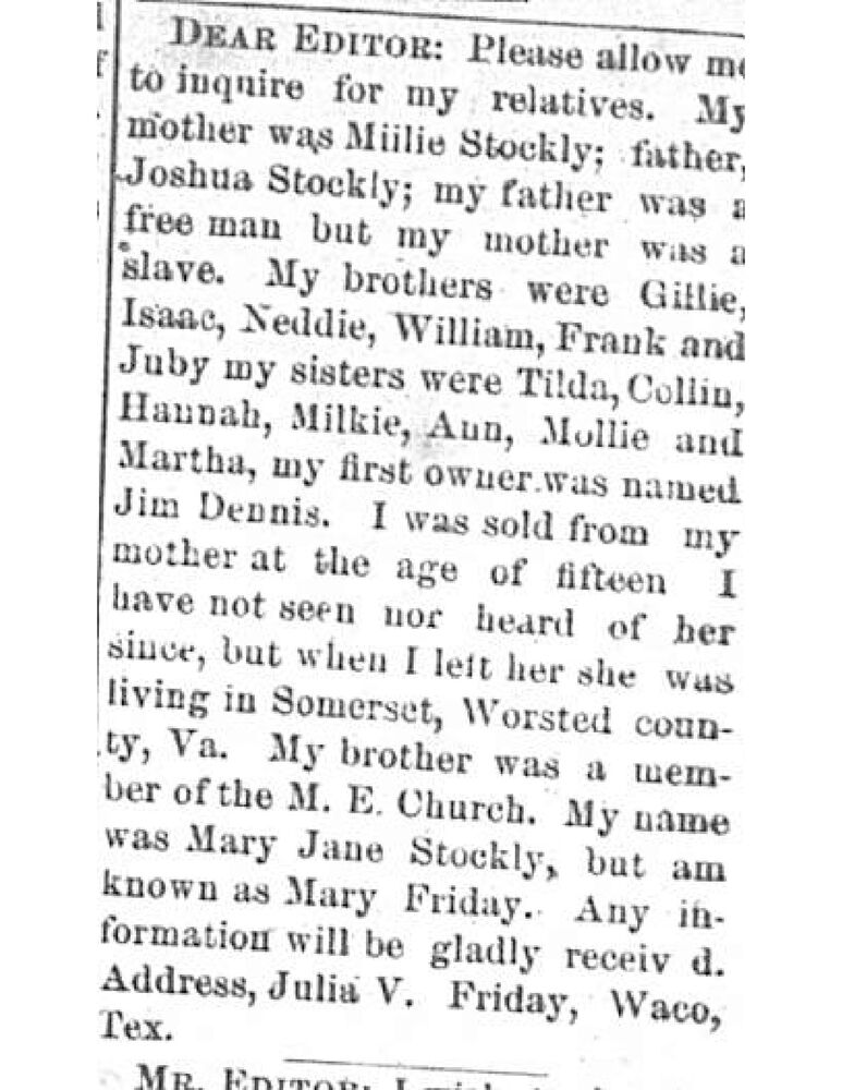 Mary Friday (formerly Mary Jane Stockly) searching for her mother Millie Stockly