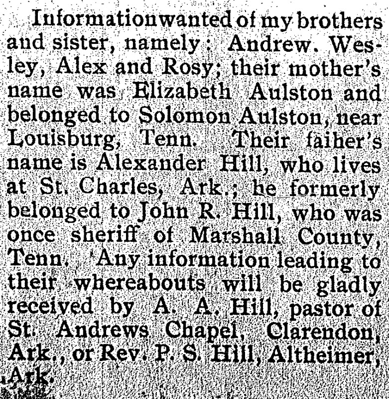 A. A. Hill seeking information of his siblings Andrew, Wesley, Alex, and Rosy