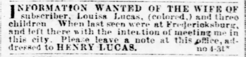 Henry Lucas searching for his wife Louisa Lucas and their three children 