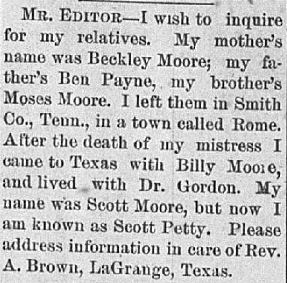 Scott Petty (formerly Scott Moore) seeking his mother Beckley Moore, father Ben Payne, and brother Moses Moore