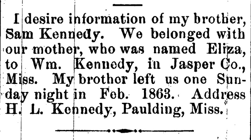 H. L. Kennedy seeking information about their brother Sam Kennedy