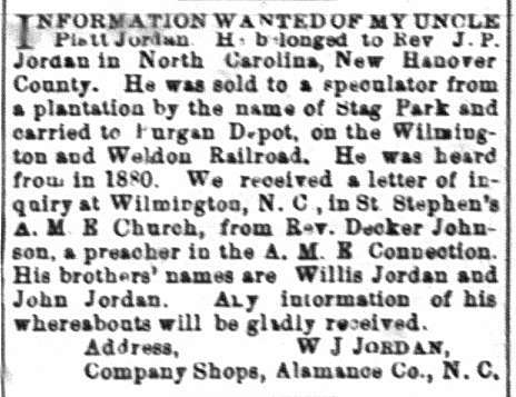 W. J. Jordan searching for his uncle Platt Jordan