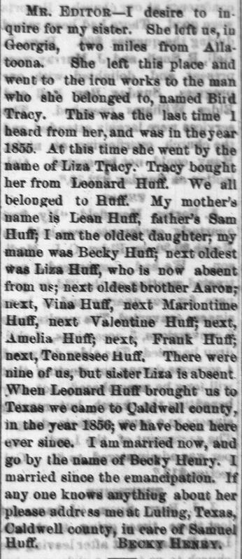 Becky Henry (formerly Becky Huff) searching for her sister Liza Tracy