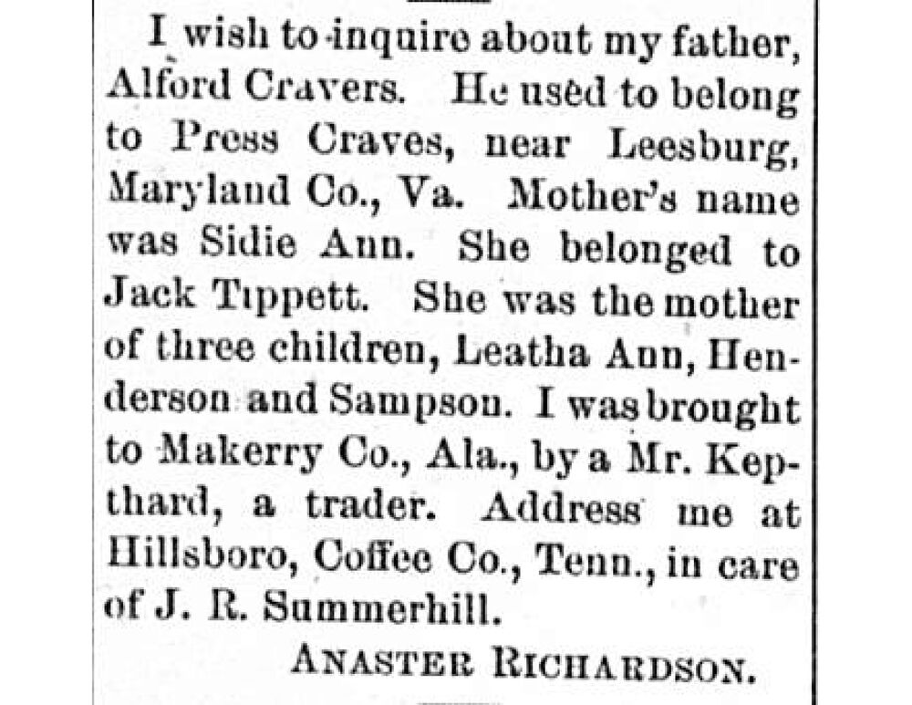 Anaster Richardson searching for Alford Cravers and Sidie Ann