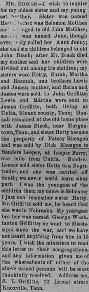 S. L. Griffitts searching for his oldest sister Hetty and youngest brother George Washington Griffitts