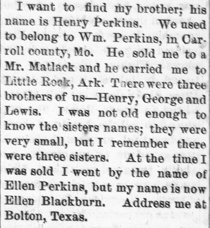 Ellen Blackburn searching for her brother Henry Perkins (2nd of 2 ads placed)