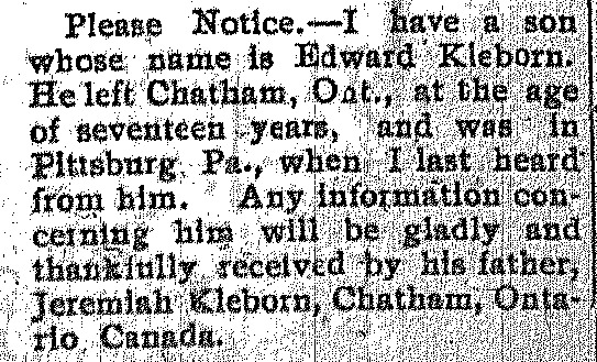 Jeremiah Kleborn seeking information on his son Edward Kleborn