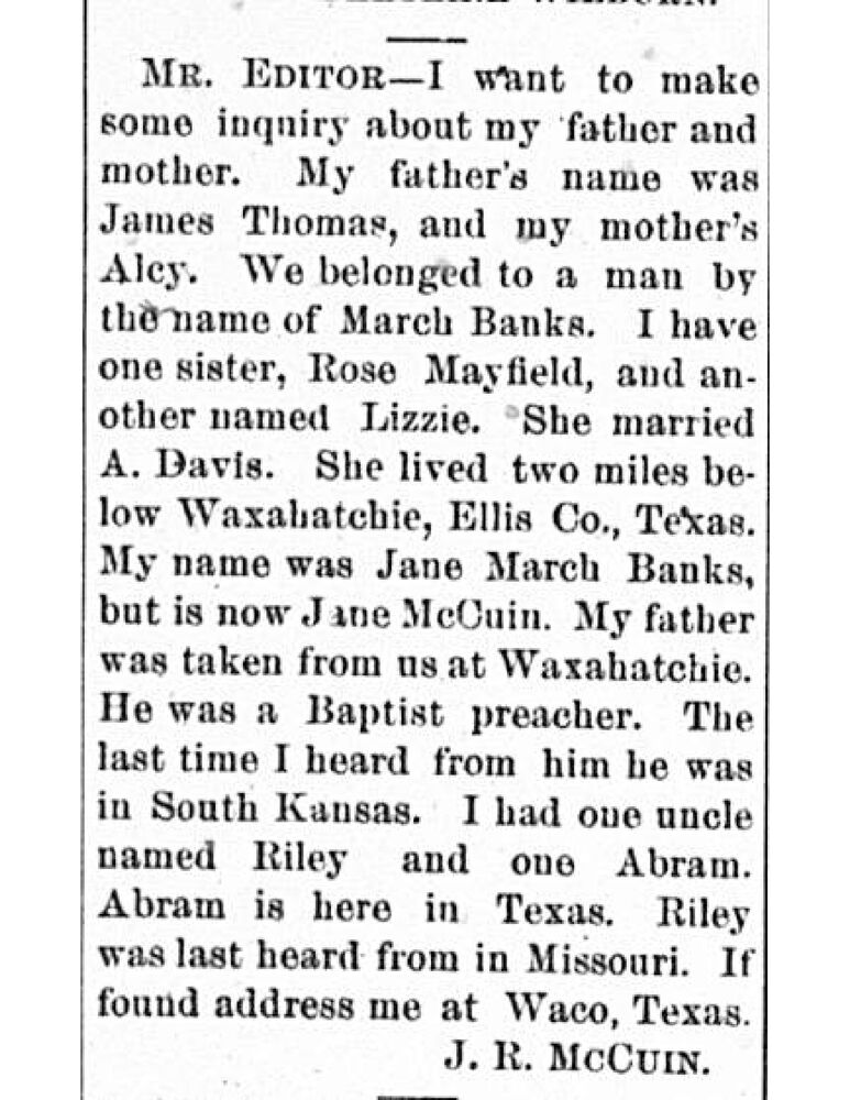 J. R. McCuin (formerly Jane March Banks) searching for her father James Thomas and mother Aley