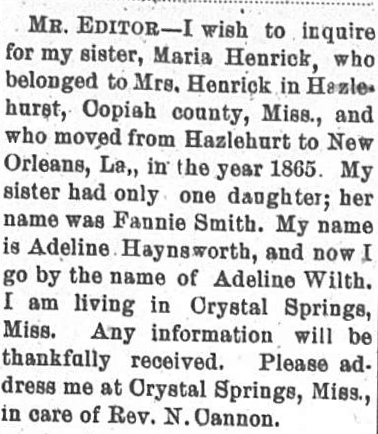 Adeline Wilth (formerly Adeline Haynsworth) seeking her sister Maria Henrick