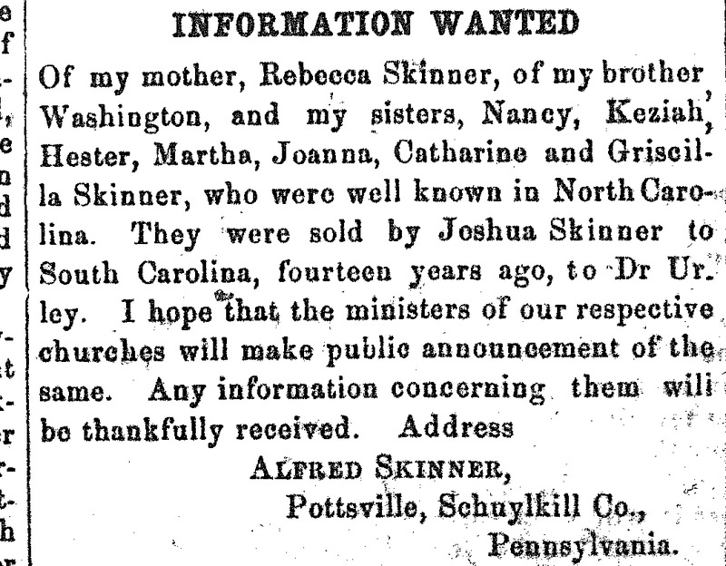 Alfred Skinner looking for his mother Rebecca Skinner and several siblings