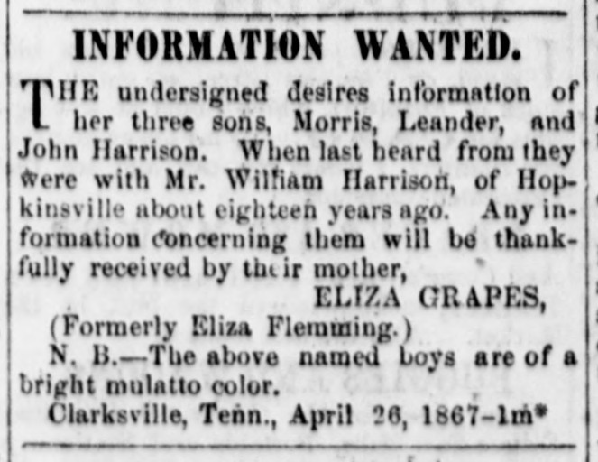 Eliza Grapes (formerly Eliza Flemming) searching for her sons Morris, Leander, and John Harrison 