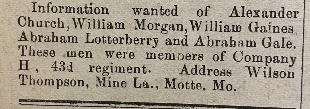 Wilson Thompson looking for information about Alexander Church and members of Co. H., 43rd Reg