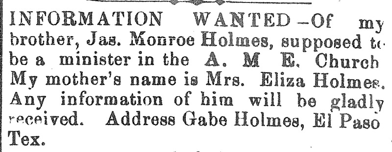 Gabe Holmes seeking information of his brother Jas. Monroe Holmes