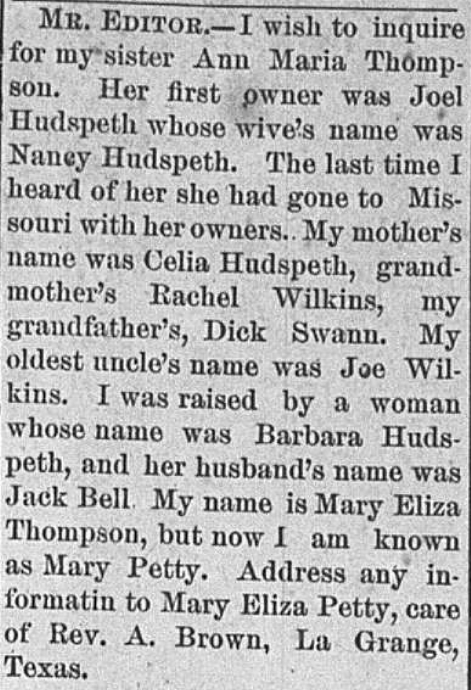 Mary Eliza Petty (formerly Mary Eliza Thompson) searching for her sister Ann Maria Thompson