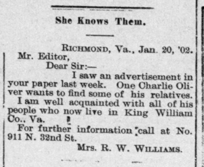 Mrs. R. W. Williams&#039; reply to information wanted ad for Charlie Oliver