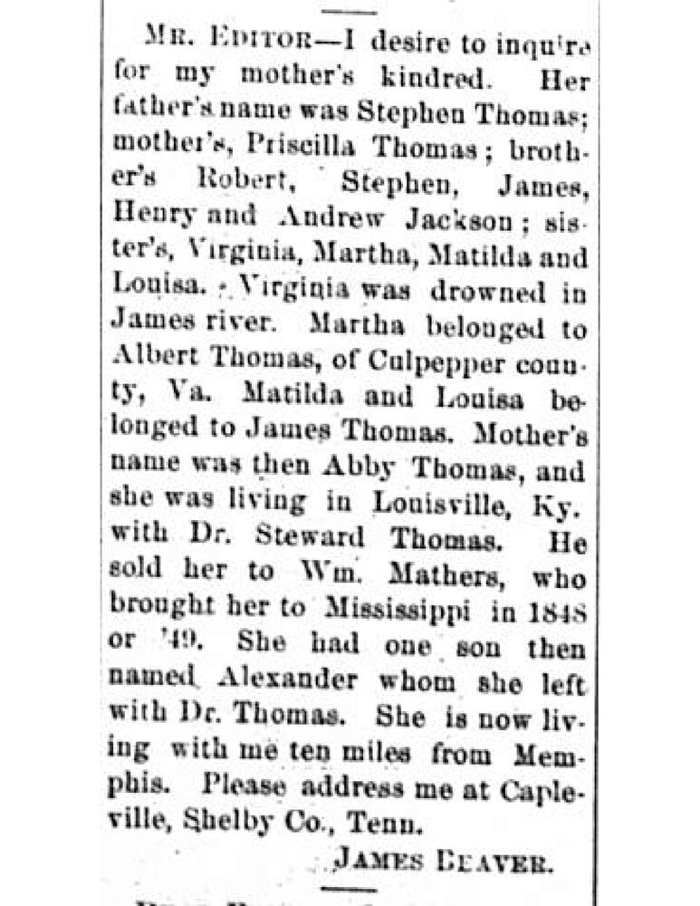 James Beaver searching for his mother&#039;s father Stephen Thomas, mother Priscilla Thomas, and her siblings