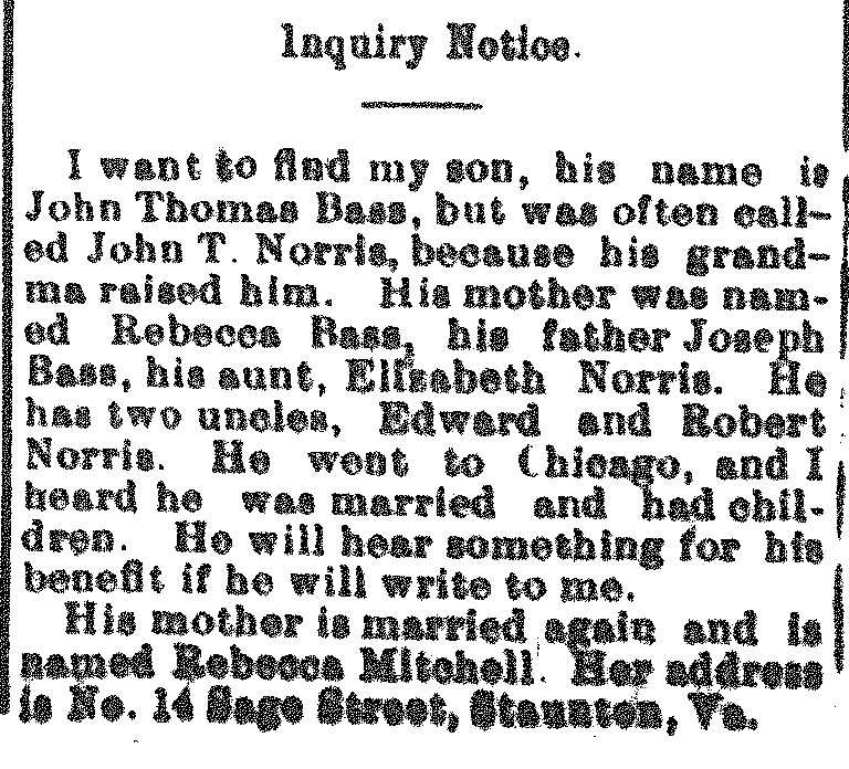 Rebecca Mitchell searching for her son John Thomas Bass (also known as John T. Norris)